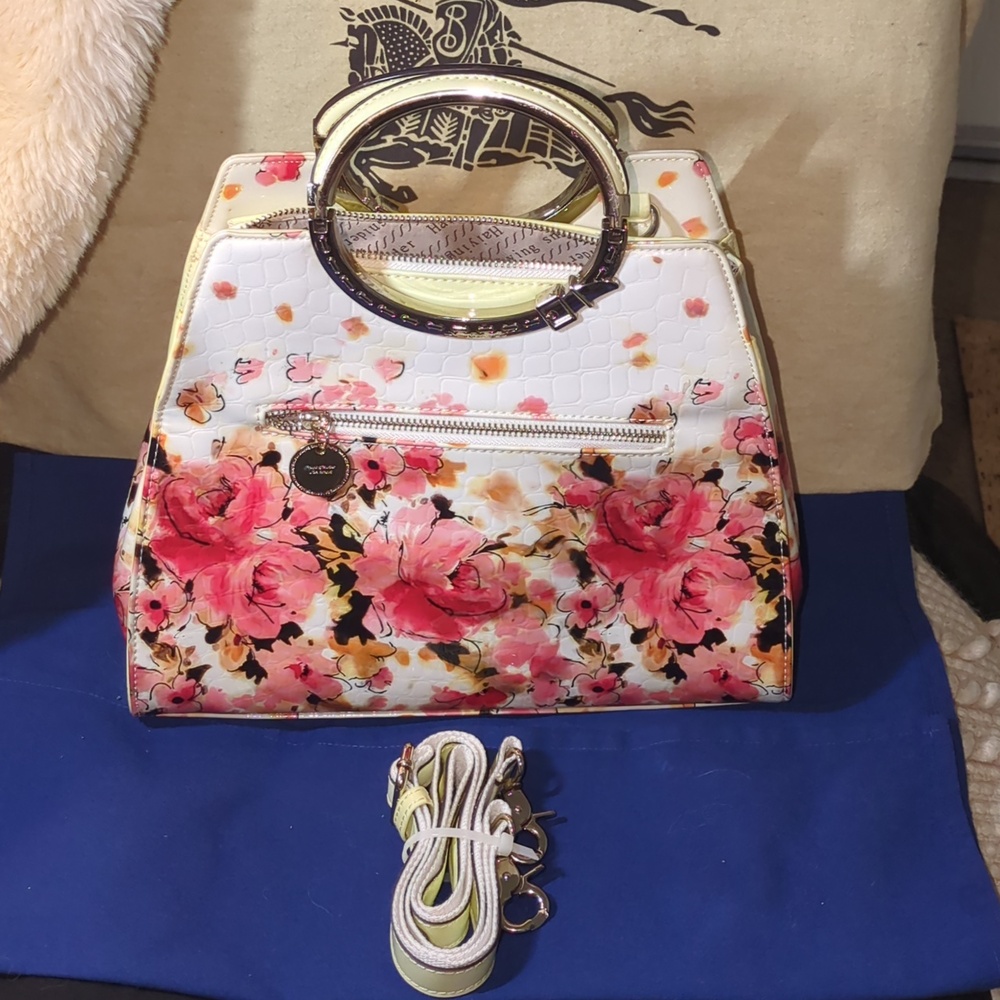 Floral Patent Top-Handle Handbag with Gold Hardware - Pink - Picture 11 of 11
